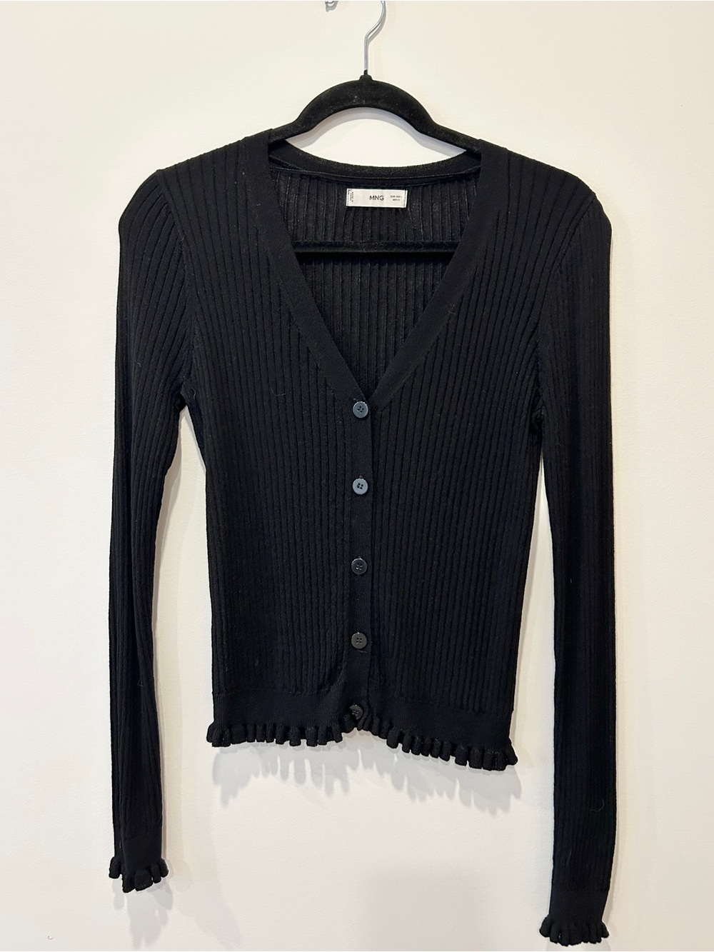 Mango Black Ribbed Cardigan with Ruffle Detail - Picture 2 of 3
